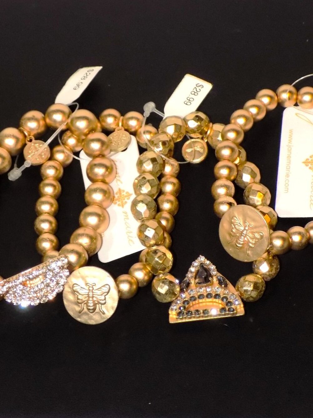 Lot 4 New Signed Jane Marie Metal Bead Bracelets Bundle. Bee Circle & Rhinestone